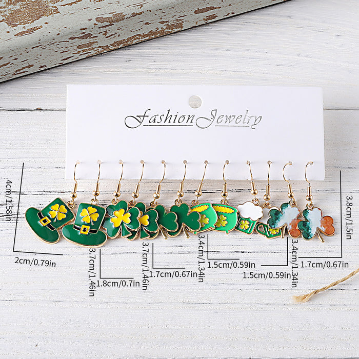 Wholesale Saint Patrick' s Day Green Clover Earring Set 6 Pairs Fashion Jewelry Accessory