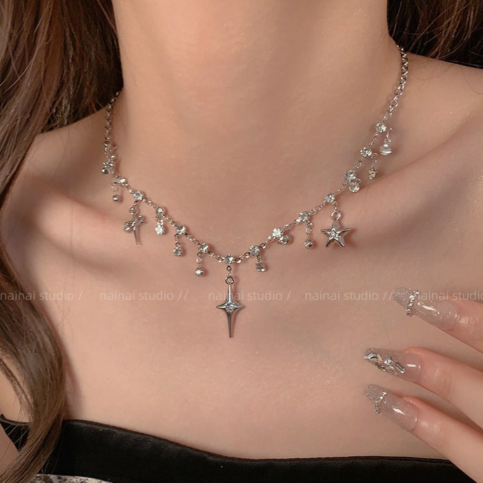 Wholesale Atmosphere Cross Four Corners Star Tassel Necklace Super Sparkling Zircon High Grade Neck Chain, Small Personality Clavicle Chain