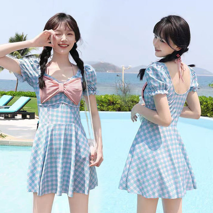 Wholesale Swimsuit women's one-piece skirt style retro checkered hot spring swimsuit