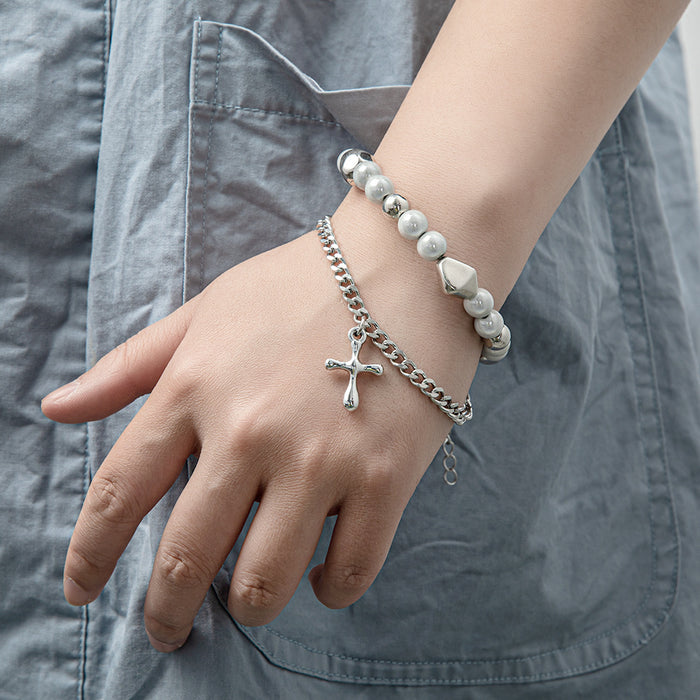 Wholesale Double Layer Pearl Cross Titanium Steel Bracelet JDC-BT-ChenYuan001