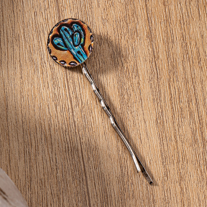 Wholesale leather western cactus horseshoe pattern printing hairpin
