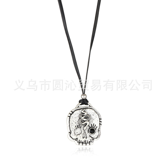 Wholesale Personalized skull pendant necklace adjustable long black leather rope sweater chain