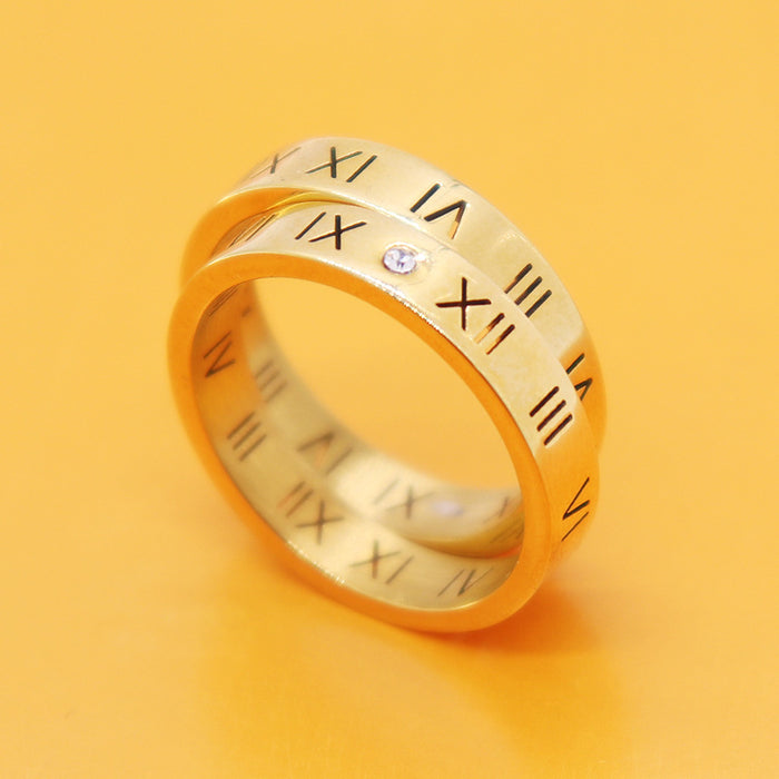 Wholesale Titanium steel Roman numeral ring with diamond inlay, hollowed out couple's ring, men's and women's letter index finger ring