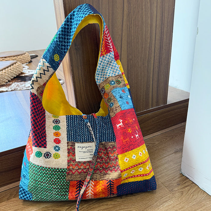 Wholesale Retro double-sided patchwork pericardial shoulder bag, large capacity shopping bag