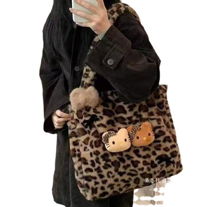 Wholesale Cartoon Printed Plush Bag Women's Autumn and Winter Lazy Large Capacity Leopard Print Shoulder Bag