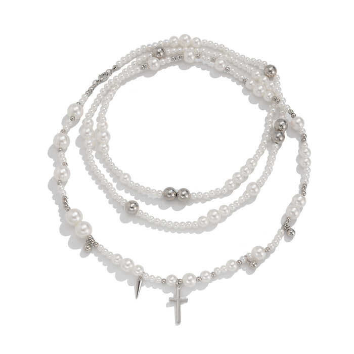 Wholesale Vintage multi-layer imitation pearl handmade necklace, personalized rivet pendant, accessory