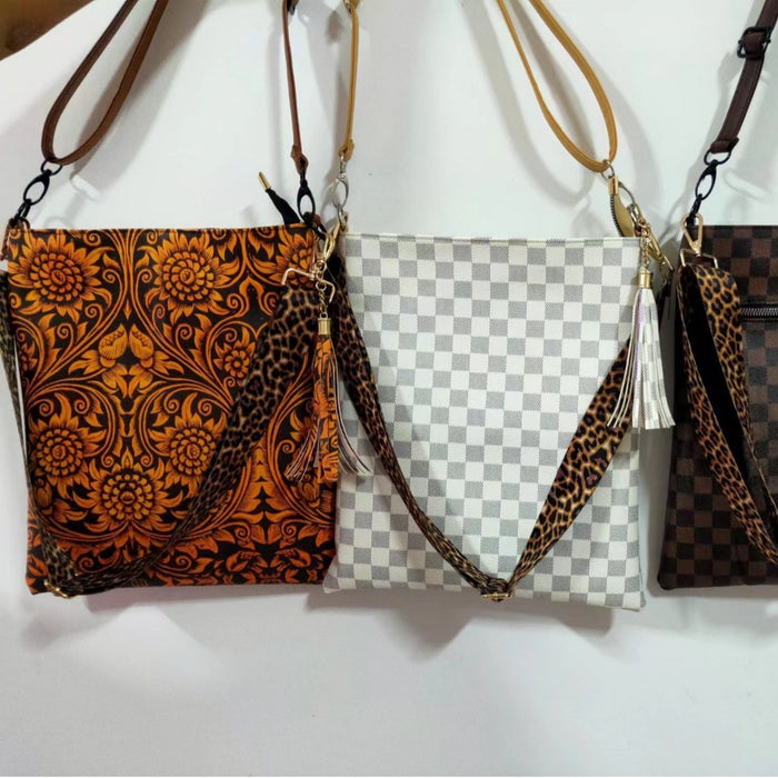 Wholesale Plaid Black Leopard Print Cow Pattern Sunflower Zipper Vertical Crossbody Bag Women' s Shoulder Bag