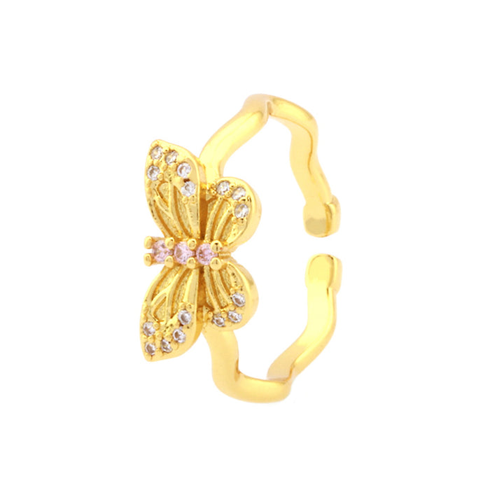 Wholesale Copper Plated 8K Gold Inlaid Zircon Butterfly Sun Open Ring JDC-RS-TianYi002