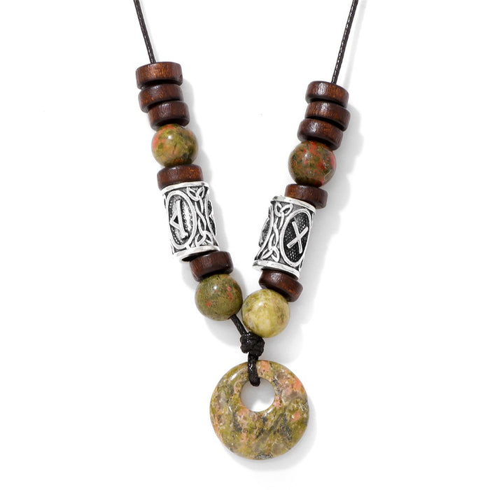 Wholesale Viking symbol necklace with stone pendant safety clasp and wooden beads