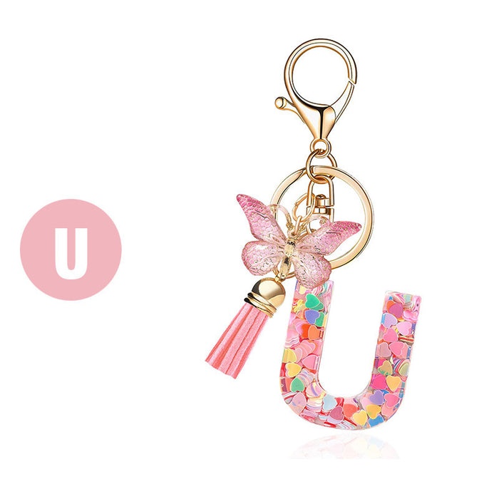 Wholesale Pink Letter Keychain Heart Sequin Butterfly Tassel Keychain Crystal Glue Pendan