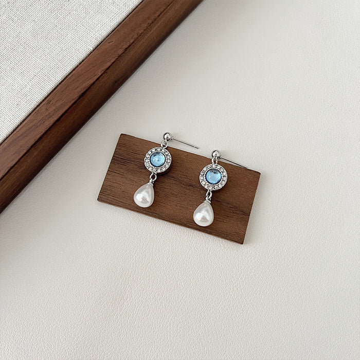 Wholesale Aquamarine Pearl Necklace Women's Silver Needle Earrings Necklace suit Combination