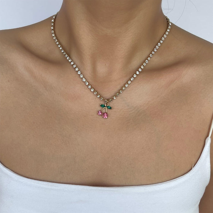 Wholesale New Cute Cherry Alloy Diamond Set Necklace with Versatile Gold Plated Love Pendant Clavicle Chain