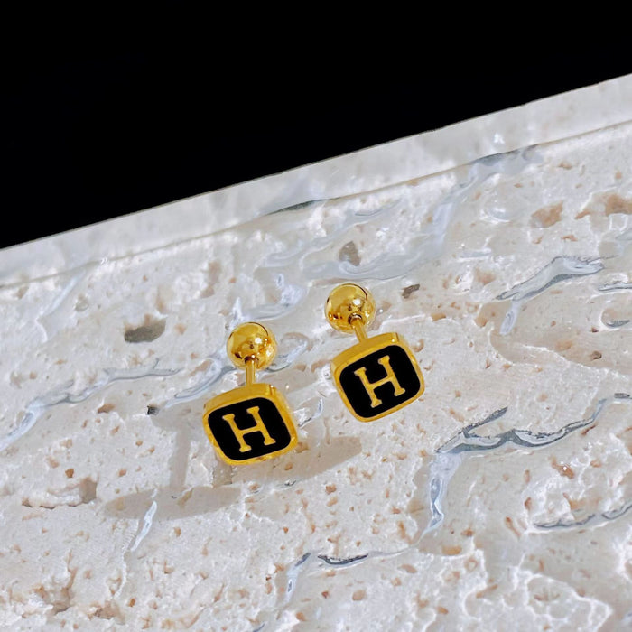 Wholesale Square H Letter Glaze Shell Titanium Steel Earrings JDC-ES-YuHe006