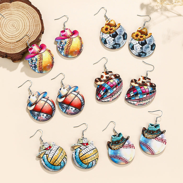Wholesale Denim Hat Ball Wooden Pendant Earrings Rugby Football Volleyball Earrings Gifts