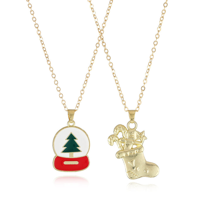 Wholesale Christmas Series Children' s Good Friend Necklace Set Snowman Christmas Tree Pendant Alloy Oil Dropping Cartoon Jewelry