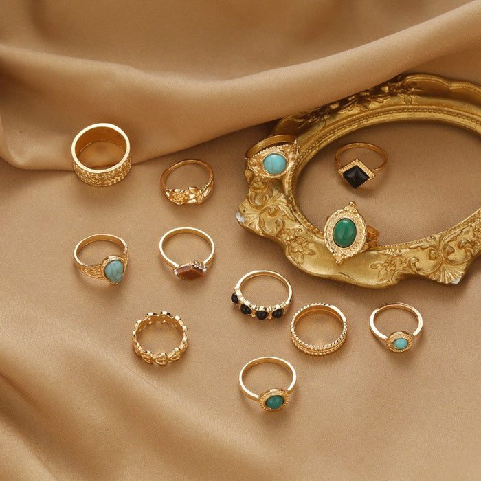 Wholesale Ethnic Style Retro Turquoise Carved Feather Ring Fashionable and Personalized 8-Piece Combination Ring Set