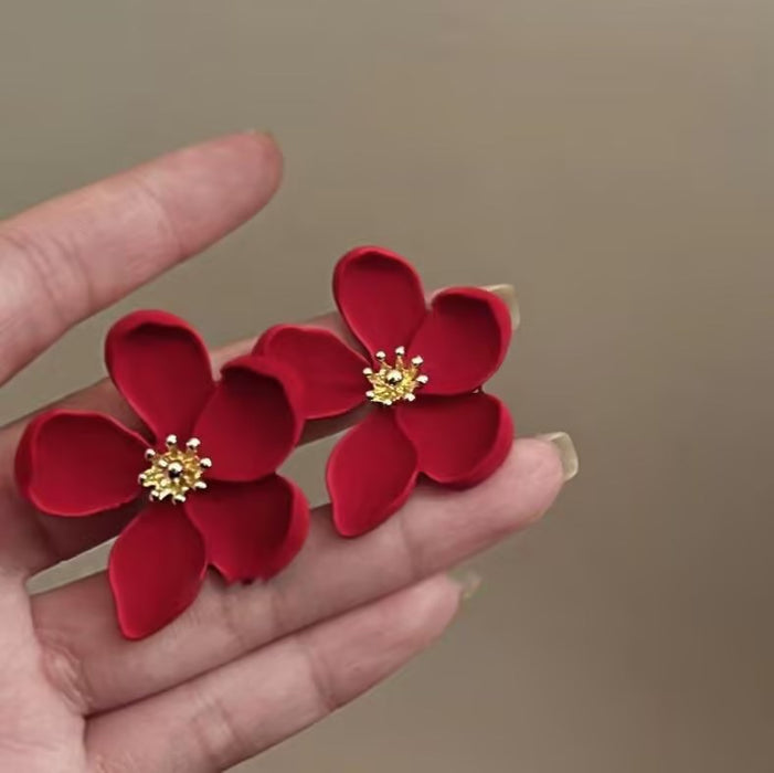Wholesale Exaggerated metal flower opening ring with oil dripping five petal flower three-dimensional earrings and earrings