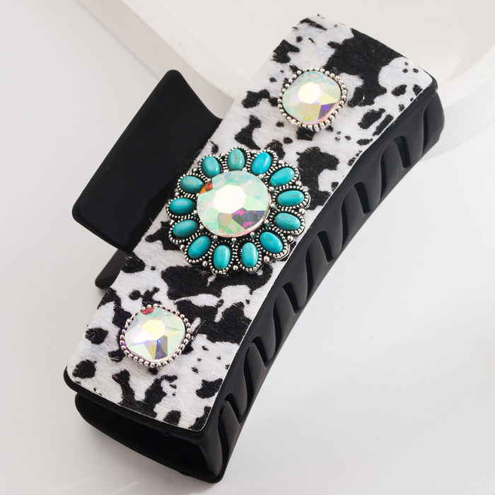 Wholesale Retro Leather Diamond-encrusted Pearl Turquoise Grab Clip Back Head Tie Hair Square Clip Elegant Hair Clip