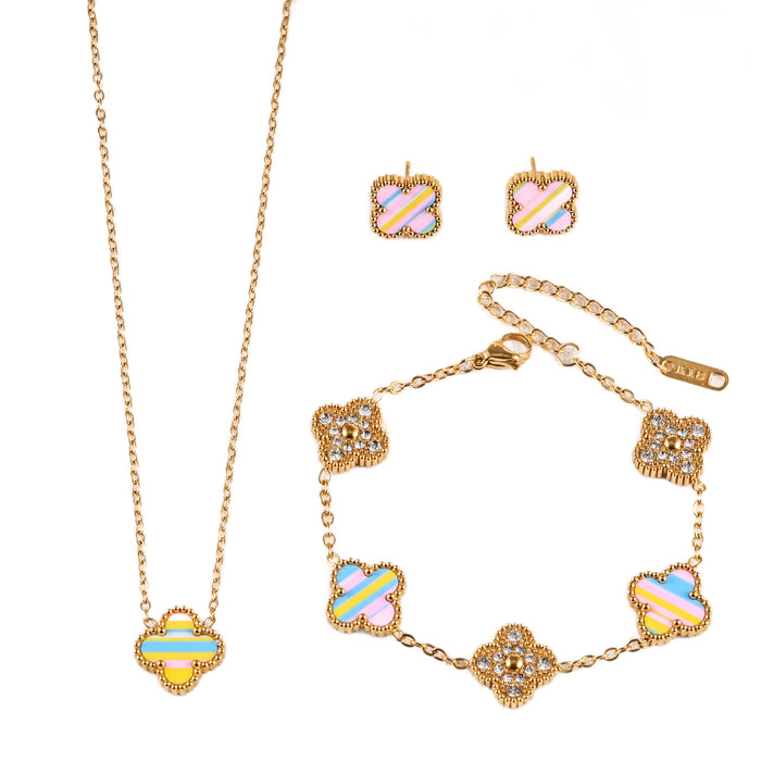 Wholesale Stainless Steel Four-Leaf Clover Three-Piece Gold-Plated Jewelry Set