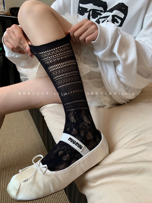 Wholesale Lace mesh socks, thin ballet style, mid tube, stacked white