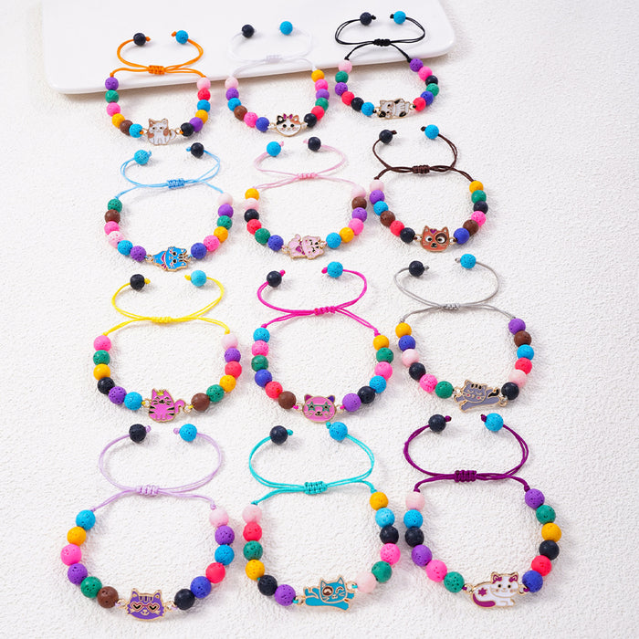 Wholesale 12pcs/set Children's Bracelet Female Volcanic Stone Cartoon Cat Bracelet Set