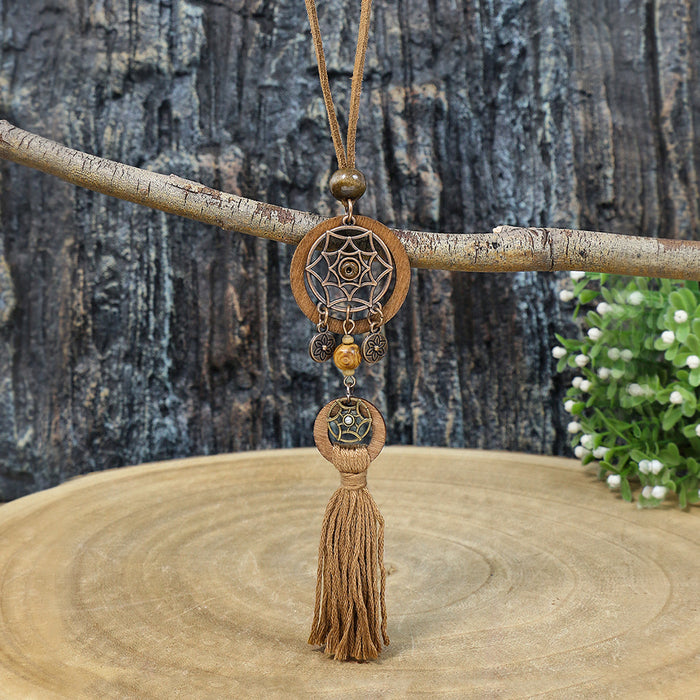 Wholesale Bohemian Dreamcatcher Tassel Earrings and Wooden Pendant Necklace Set