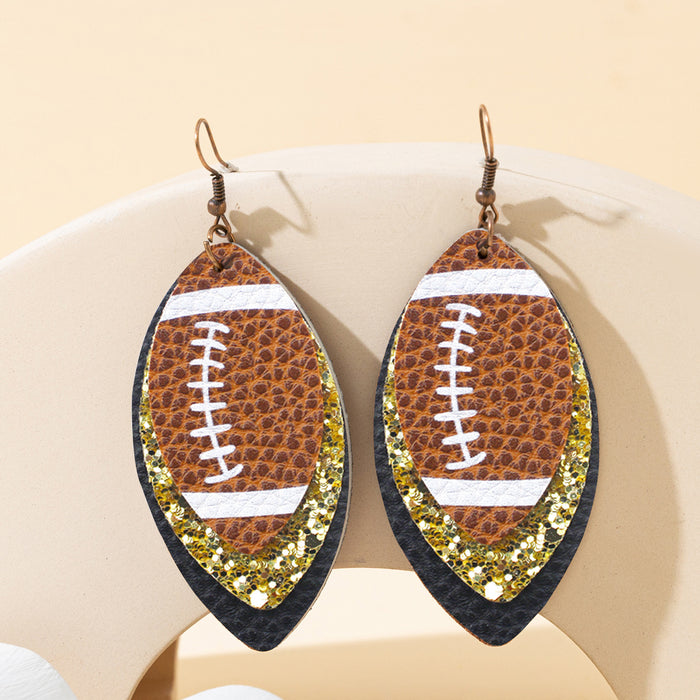 Wholesale Sporty Rugby Brown Leopard Leaves Three-layer Leather Diamond Rugby Earrings