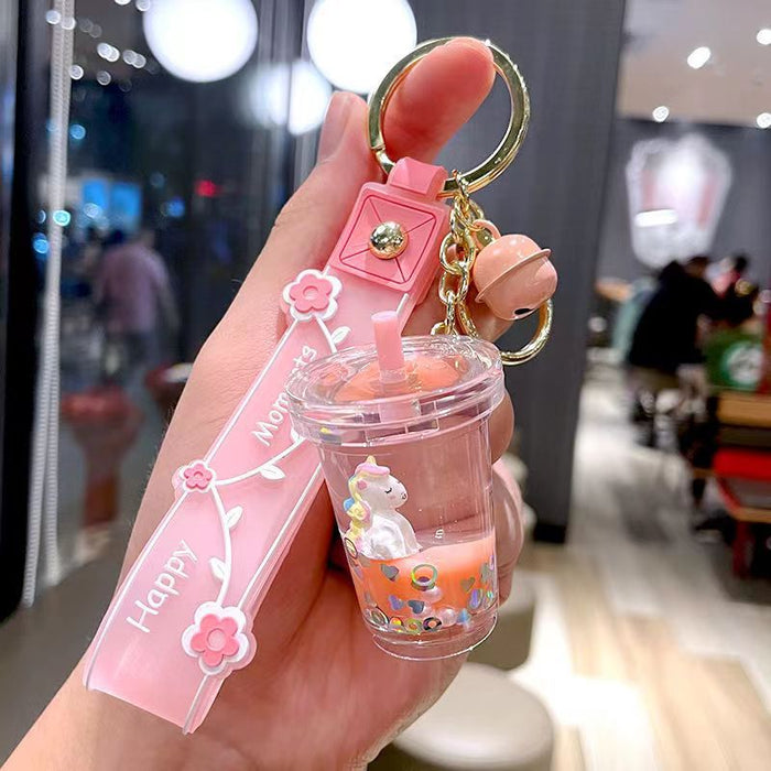 Wholesale Cute milk tea cup unicorn oil quicksand key chain rainbow horse bag hanging ornaments grab baby machine small gifts