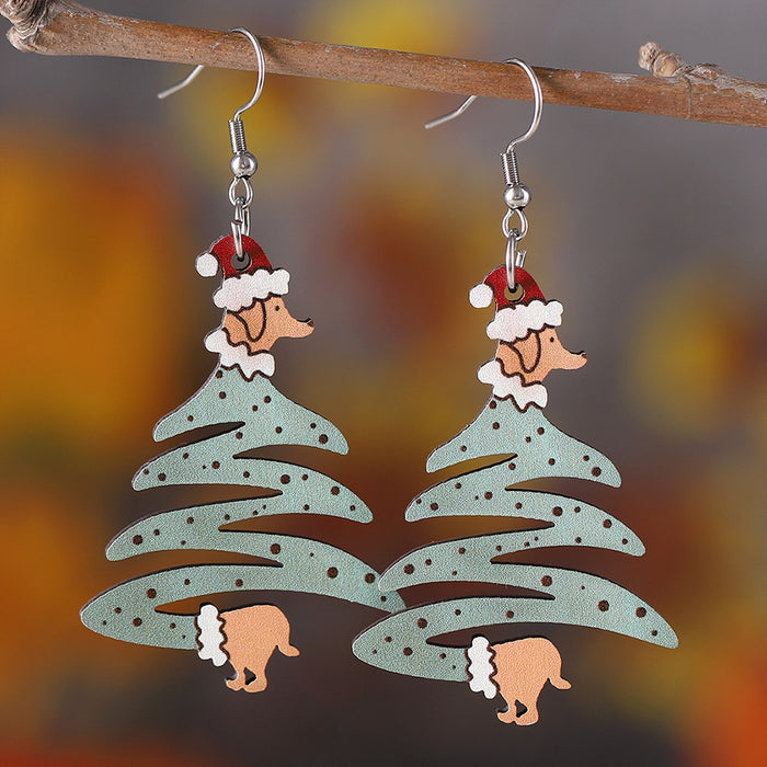 Wholesale Christmas Dog Christmas Tree Pendant Earrings Wooden Double-sided Earrings Dog Lover Gift