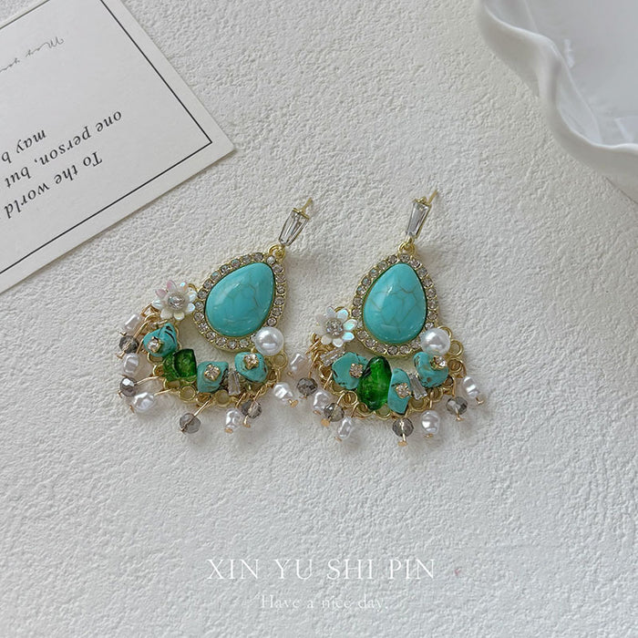 Wholesale Retro imitation turquoise tassel earrings with niche design earrings and earrings