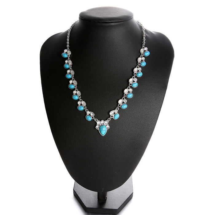 Wholesale Trendy Retro Flower Pendant Necklace For Women Turquoise Color Alloy Silver Plated Chain Jewelry Boutique Resale
