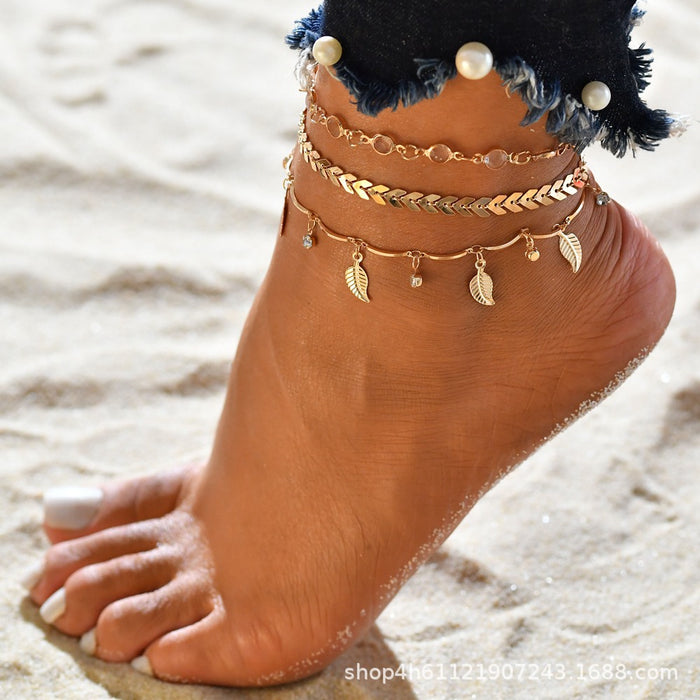 Wholesale Beach multi-layer zircon leaves, octagonal pearl ankle chain, sun moon star pattern jewelry
