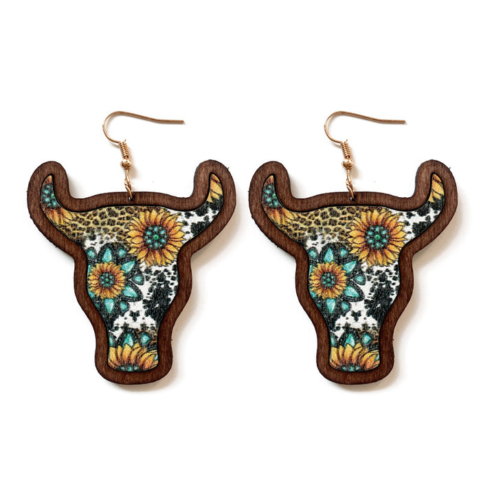 Wholesale Western Style Bull Head Wood Earrings JDC-ES-XinChuan001