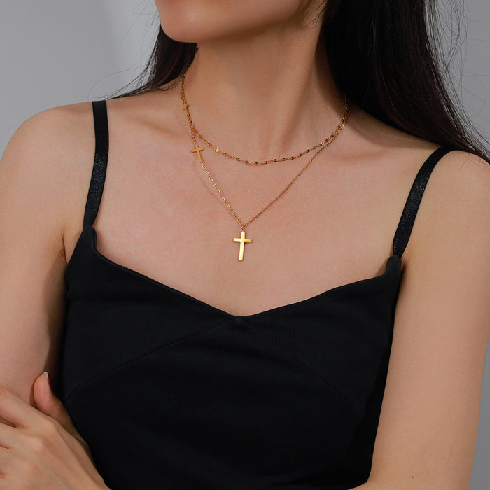 Wholesale Elegant Cross Necklace Stainless Steel 18K Gold Plated Double Layer Chain Trendy Layering Jewelry Accessory For Women Party Gift Boutique