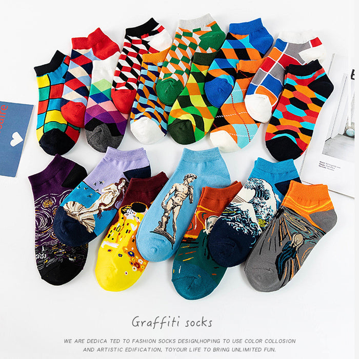 Wholesale Spring Summer Unisex Couple Geometric Colored Socks Cotton Men's Boat Socks Plaid Diamond Grid JDC-SK-CG001