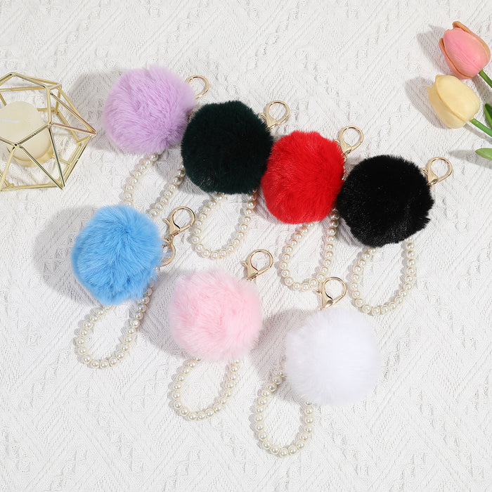 Wholesale Cute Pearl fur ball pendant bag decoration plush keychain mobile phone earphone cover car fur ornaments