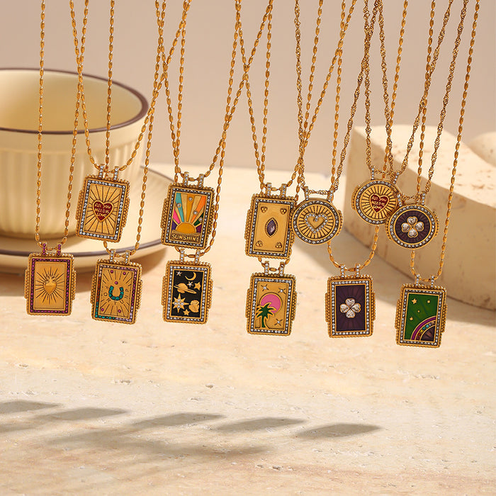 Wholesale Stainless steel jewelry trendy gold plated tarot card square pendant with dripping oil round flower necklace