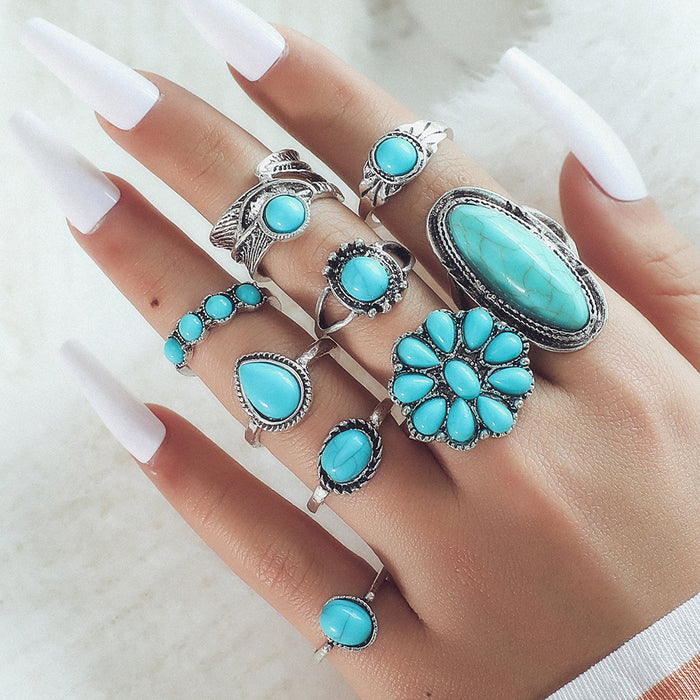 Wholesale Ethnic Style Retro Turquoise Carved Feather Ring Fashionable and Personalized 8-Piece Combination Ring Set