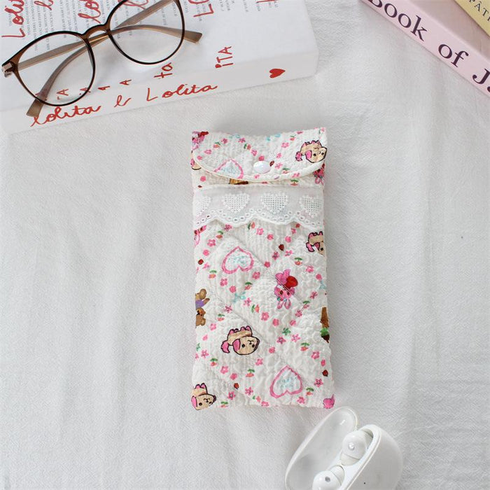 Wholesale Quilted Heart Pattern Glasses Pouch Soft Light Blue Polyester Eyeglass Case With Flap Travel Storage Bag For Sunglasses
