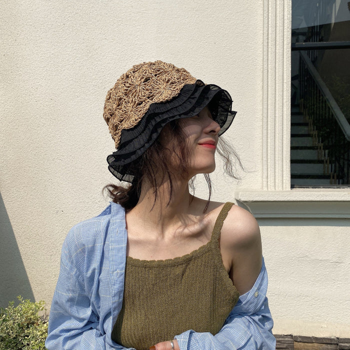 Wholesale Hollow woven lace edged straw hat versatile fisherman hat