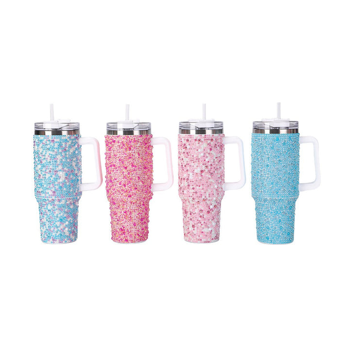 Wholesale Stainless steel pearl insulation cup,  large capacity,  pearl inlaid car cup,  40oz handle,  straw sticker,  diamond ice cup