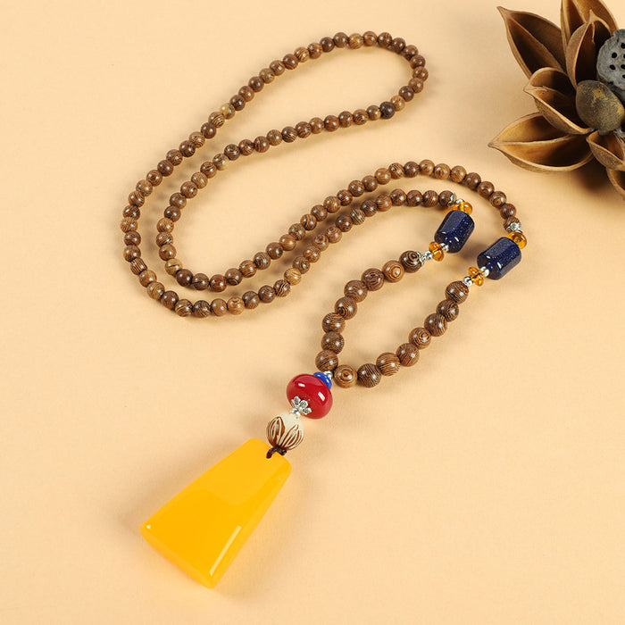 Wholesale Long Cotton and Linen Accessories Wooden Pendant Buddhist Beads Necklace JDC-NE-Luox003