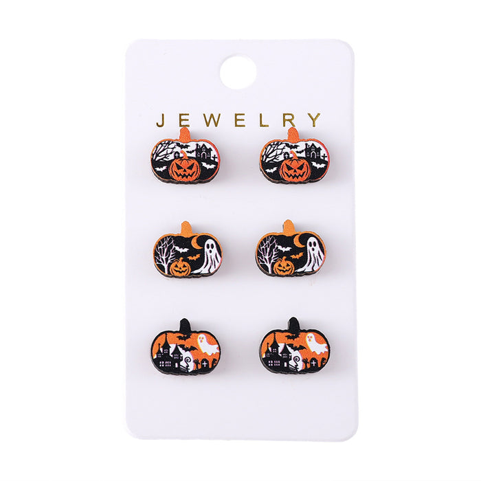 Wholesale  Ghost Witch Hat Black Cat Ghost Face Pumpkin Earrings Set Wooden Party Earrings Gift