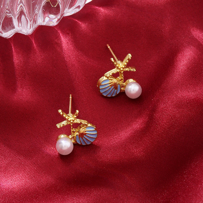 Wholesale Small and luxurious element, oil dripping scallop, starfish, imitation pearl, diamond studded earrings