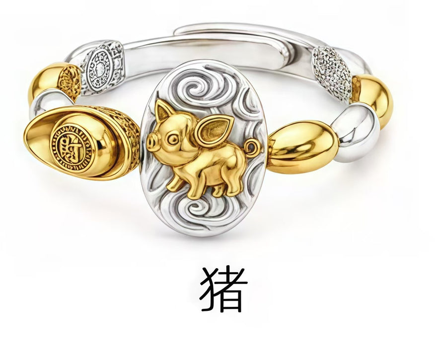 Wholesale Chinese Zodiac Rat Adjustable Open Ring Seven Grain Retro Gold Plated Copper Unisex Jewelry Boutique Resale Gift