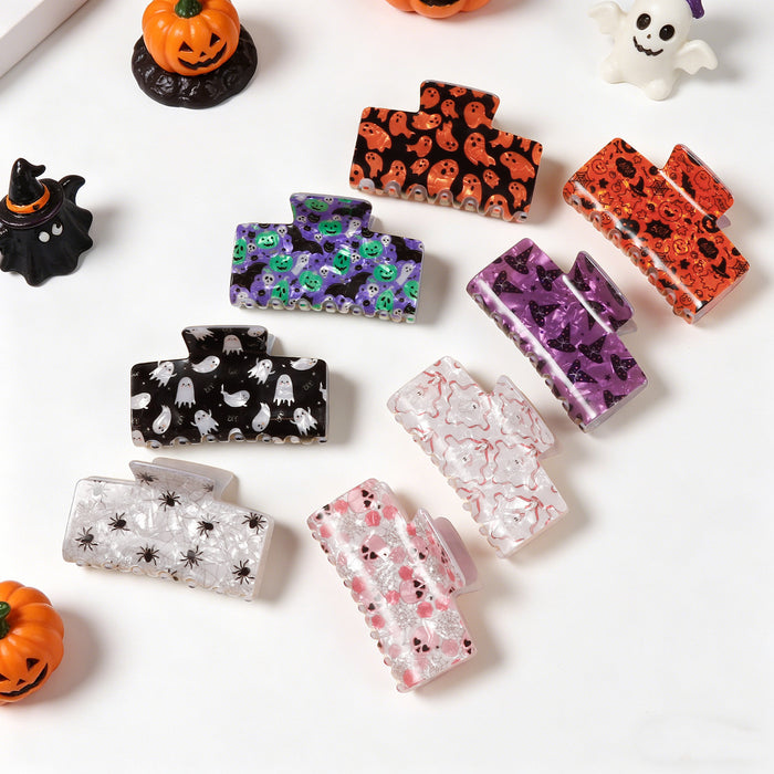 Wholesale Acrylic Hair Claw Clip For Women Ghost Skull Print Orange Black