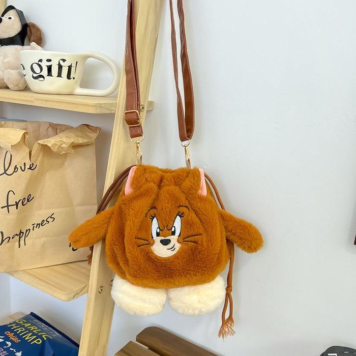 Wholesale Cute Plush Crossbody Women' s Bag Cartoon Cat Drawstring Bucket Shoulder Bag