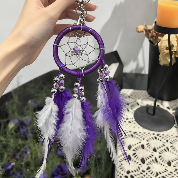 Wholesale Handmade Red Feather Dreamcatcher Keychain Nordic Style Couple Gift