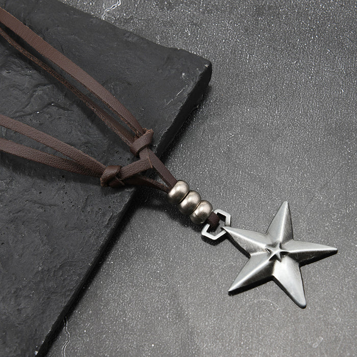 Wholesale Fashionable new necklace with five pointed star pendant, adjustable sweater chain, retro style, personalized leather necklace