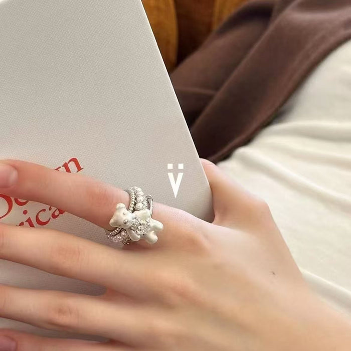 Wholesale Cute little bear imitation pearl ring, niche design, high-end fashion, versatile index finger ring